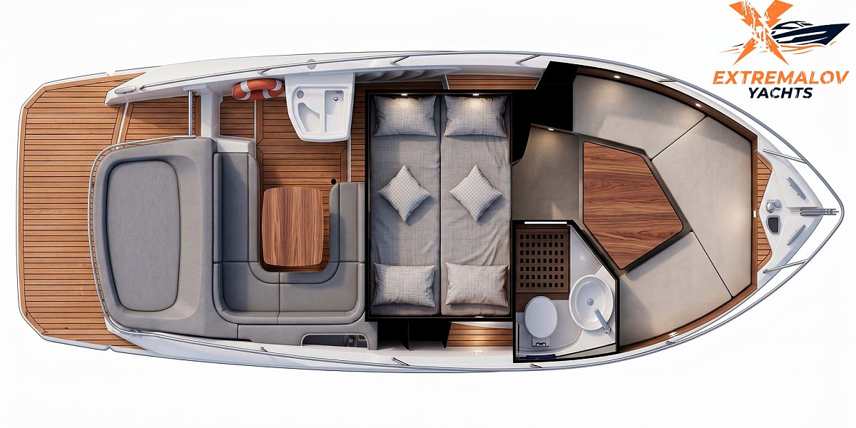 Продажа круизера Cranchi 30 Endurance - план нижней палубы, стол с диваном