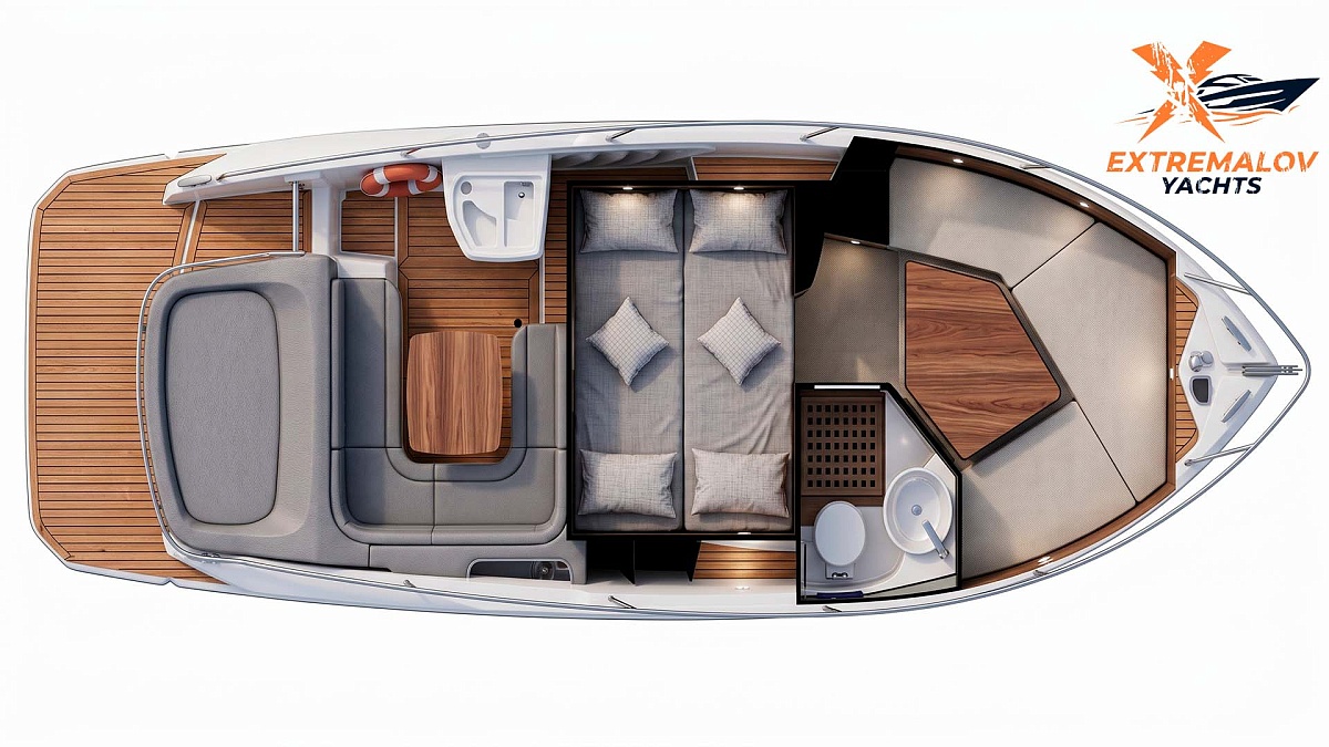 Продажа круизера Cranchi 30 Endurance - план нижней палубы, стол с диваном